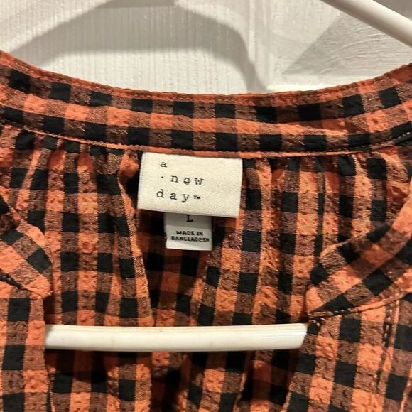 A New Day Ladies Size Large Orange Black Checked Shirt With Long Sleeves - Picture 4 of 6